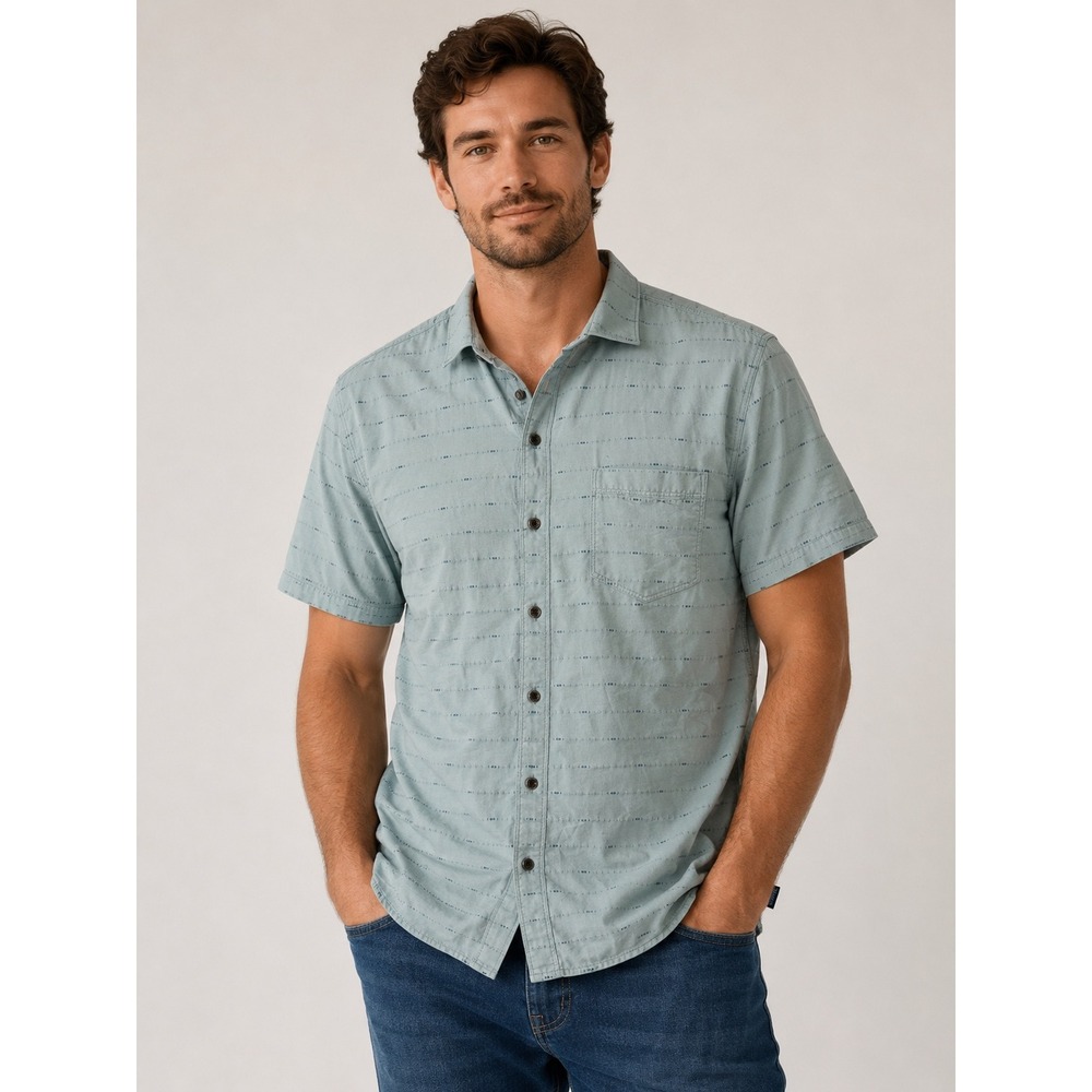 Kuhl Mens Short Sleeve Button Down Shirt Sage Green Dash Pattern Tapered Fit L